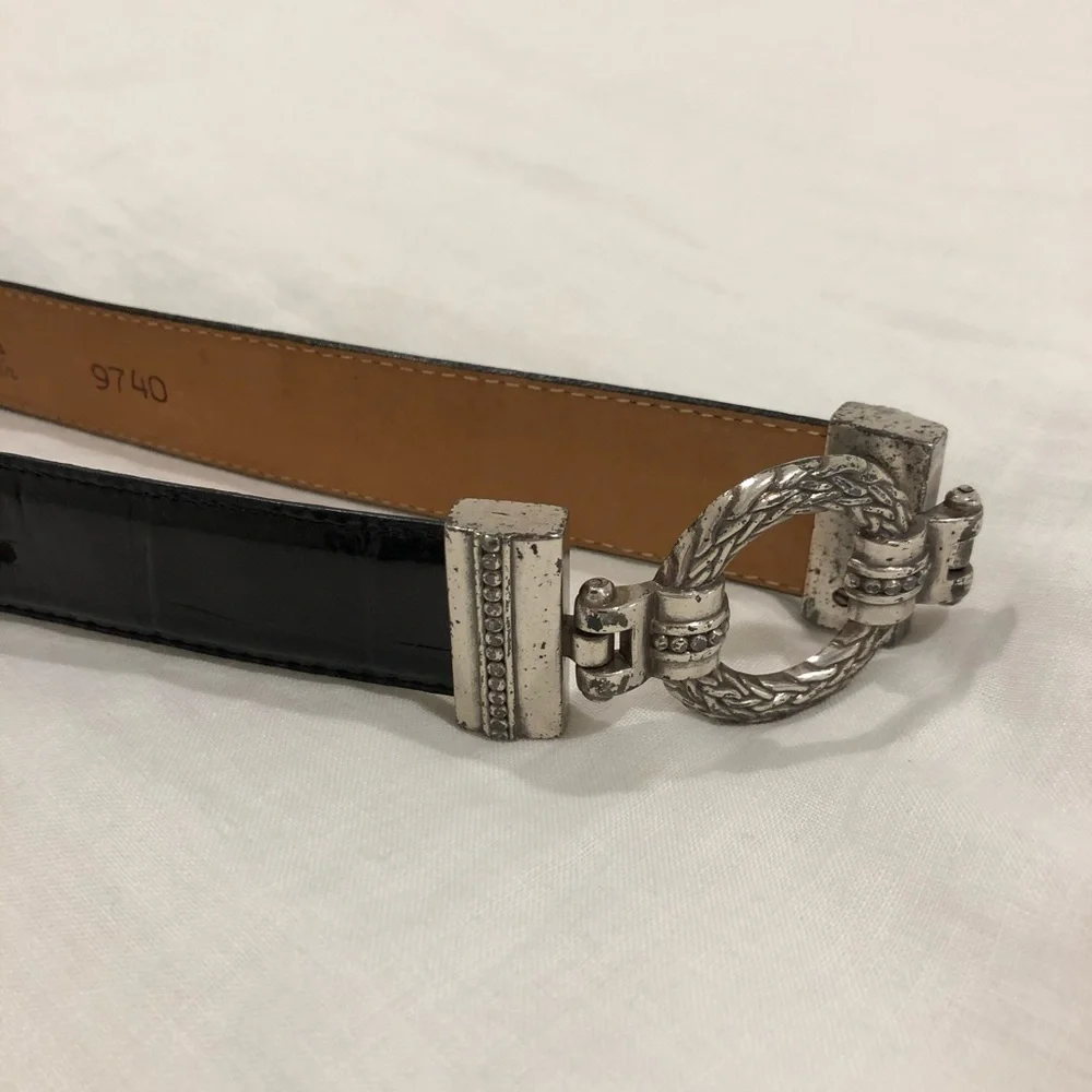 Vintage 1990s Black Leather Belt with Etched Silver